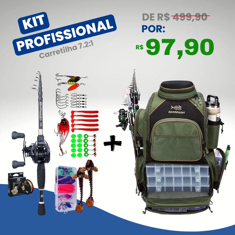 [PROMOÇÃO] Kit Profissional de Pesca Com Mochila, Vara, Carretilha e Acessórios